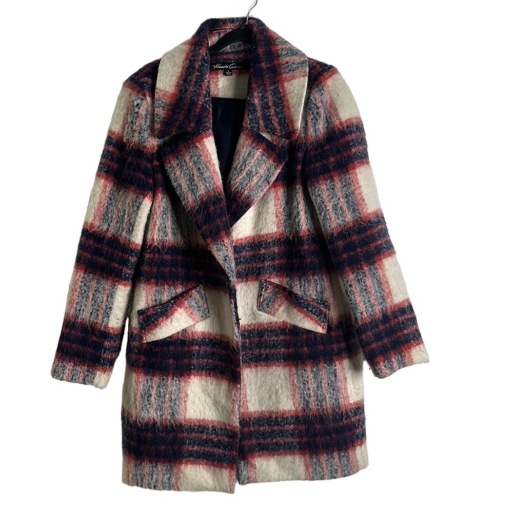 Kenneth Cole New York wool blend plaid coat size S beige red black outerland
